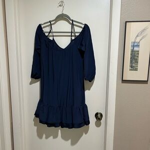 Navy blue Long sleeve, cold shoulder, above the knee, ruffled dress